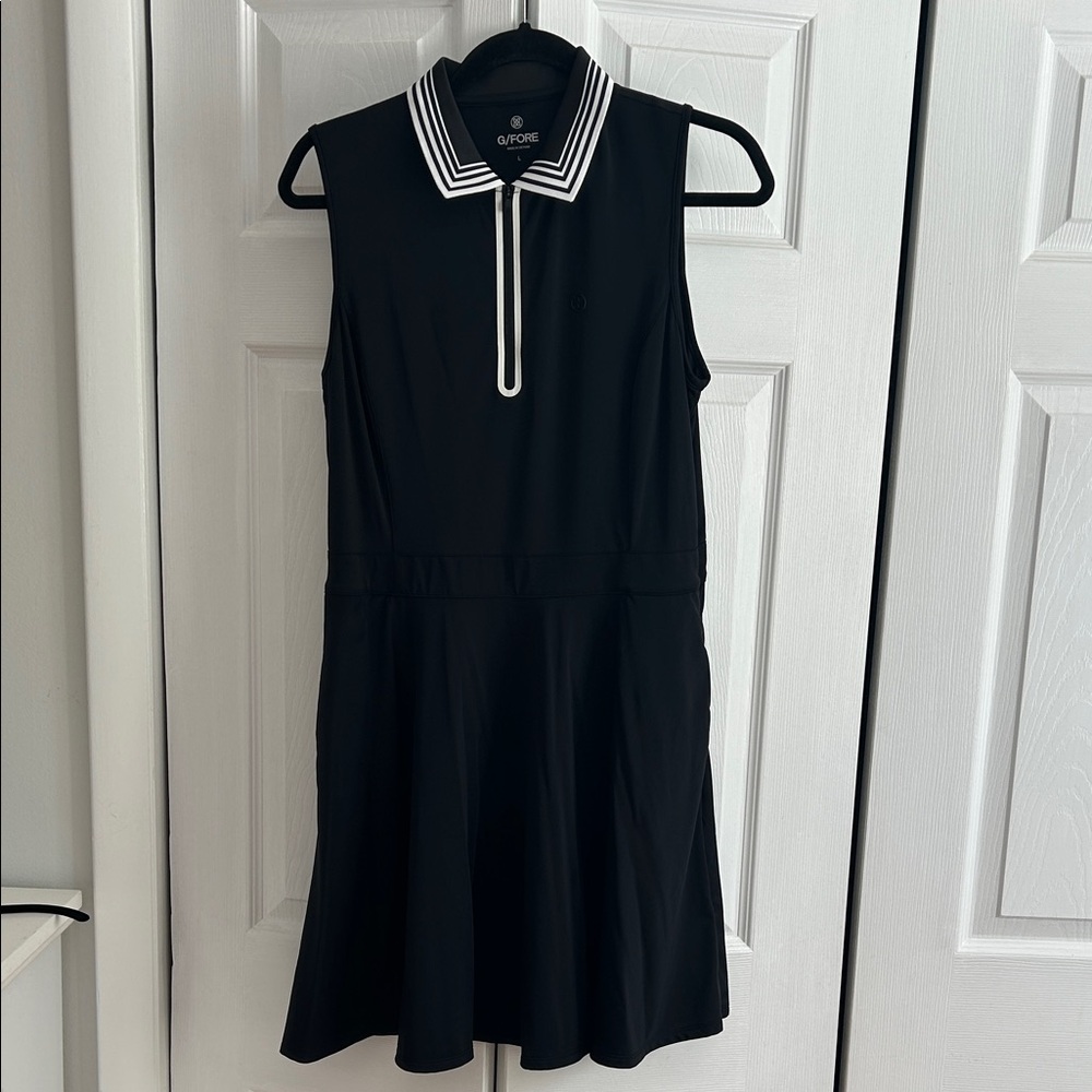 G/FORE Black and White Collared Golf Dress size L pickets and side zip excellent